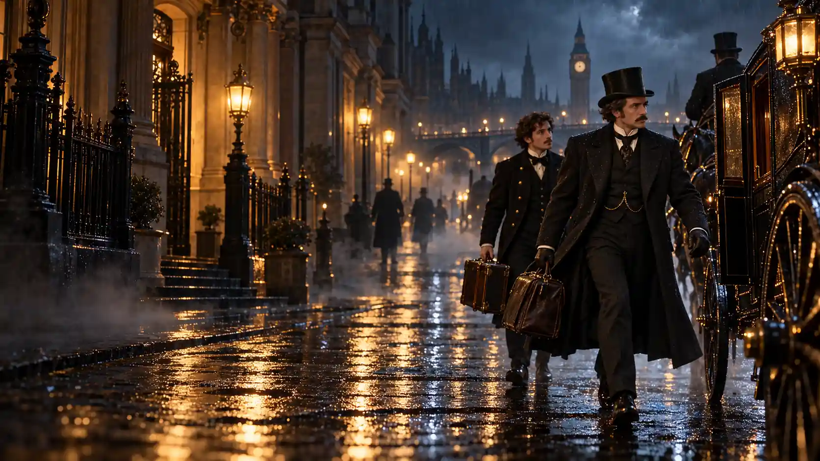 Fogg und Passepartout brechen in der Londoner Nacht auf.